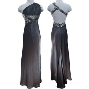 Betsy & Adam One-Shoulder Charcoal Gray Maxi Gown with Beaded Waist